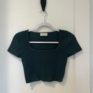 Babaton Dark Green Ribbed Square-Neck Crop Tee